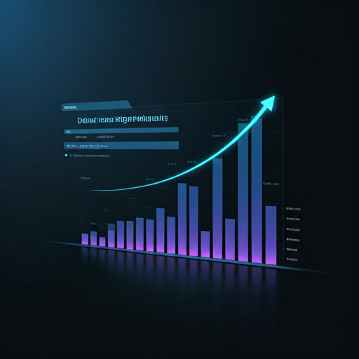 Digital marketing analytics dashboard showing growing charts and data visualization with deep blue and purple accents