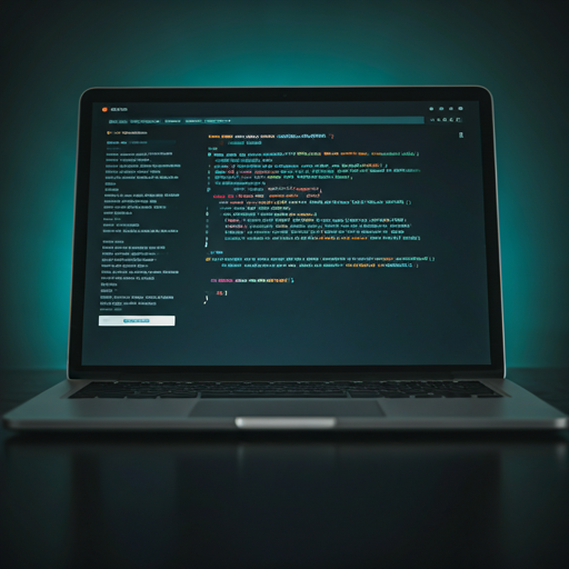 Modern dark laptop displaying clean abstract minimalist website code with professional soft teal ambient lighting