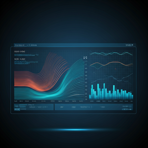 futuristic data visualization dashboard with glowing neon lines and abstract charts on dark background