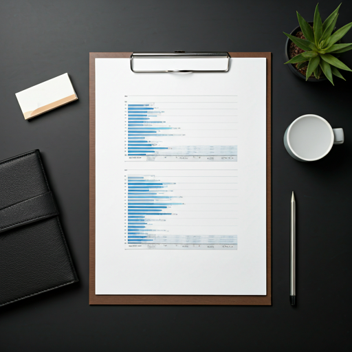 minimalist overhead shot of a high-end physical business report document on a dark desk with professional stationery