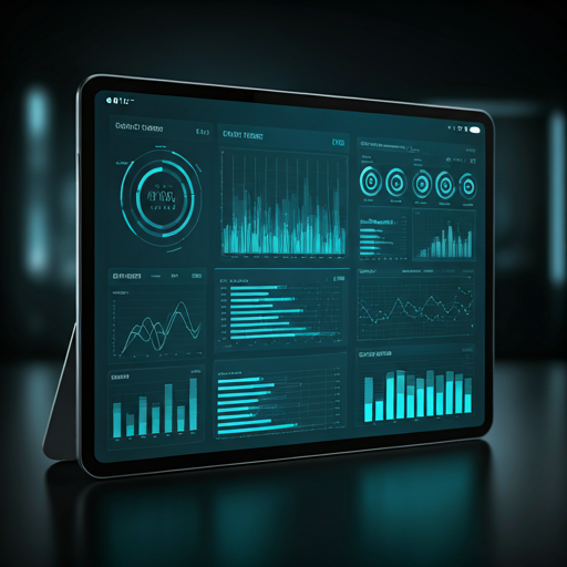 futuristic digital dashboard on a tablet display with glowing data visualizations and neon cyan UI elements in a dark room