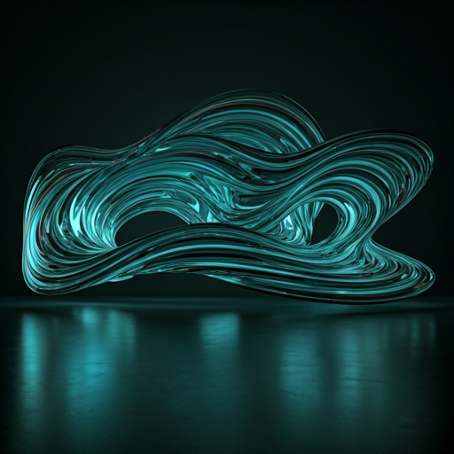 abstract 3D architectural render with flowing glass forms and ethereal cyan lighting reflecting on dark polished surfaces