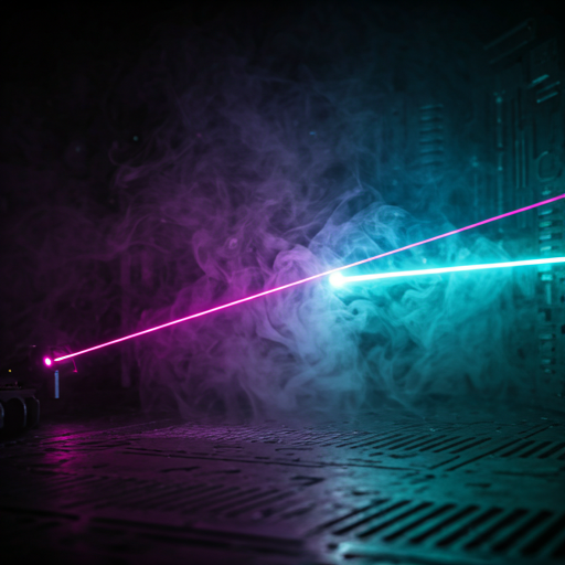 dynamic laser lights in deep violet and cyan cutting through dark smoke in a high-tech laboratory setting