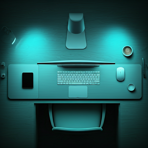 overhead shot of a clean minimalist workspace with high-end tech gear and subtle cyan ambient light accents